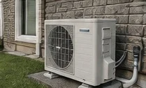 Outdoor residential air conditioning unit beside a home